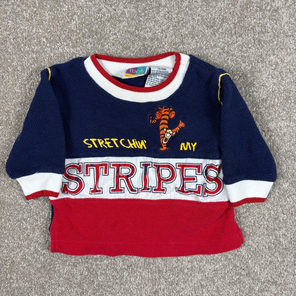 Vintage Pooh Disney Tigger Baby Sweatshirt 3/6M Navy Red Waffle Knit 90s